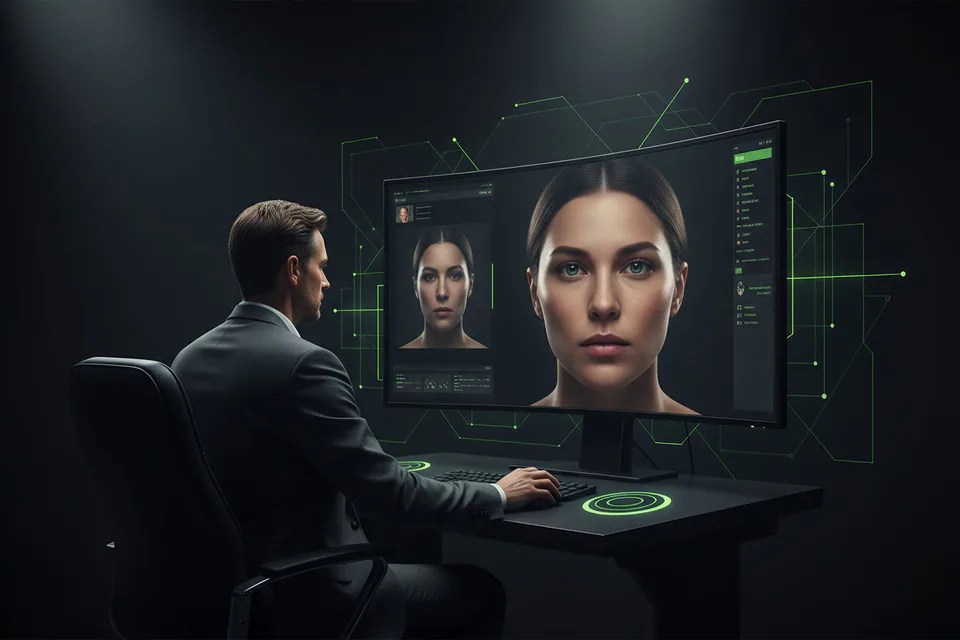 Video editor reviewing an exceptionally sharp face-swap portrait on a large studio display, with a softer low-detail preview beside a crisp cinematic final frame.