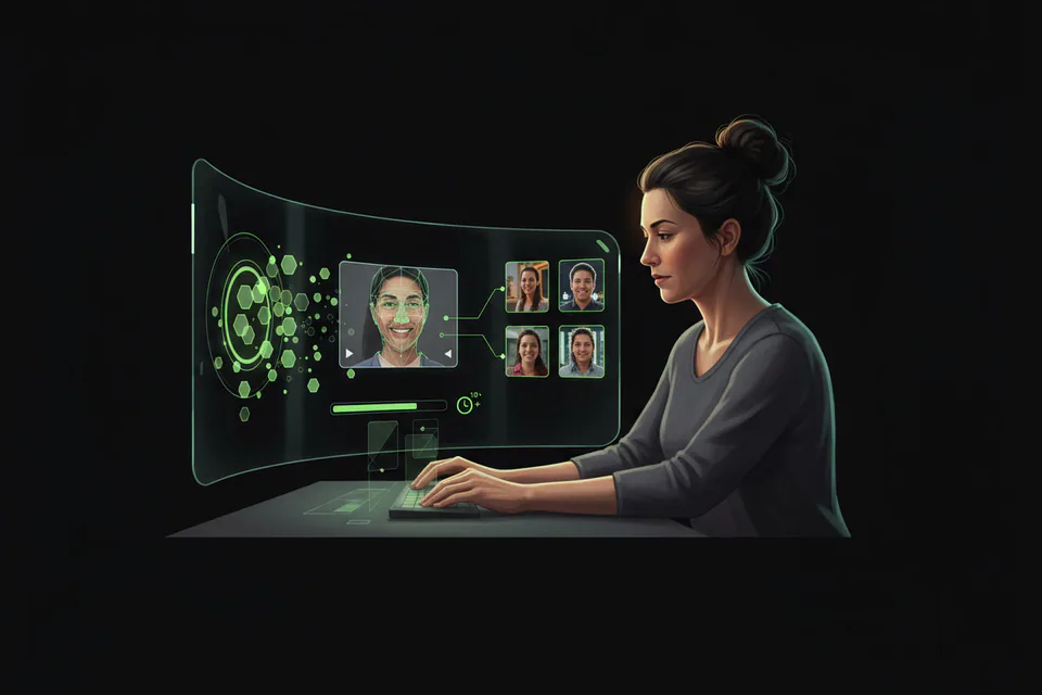 Adult creator planning a photo-and-video face-swap project at a workstation, with a small set of clean glowing token shapes flowing efficiently into several finished media thumbnails.