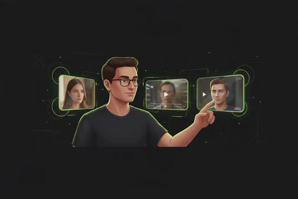 Confident adult creator comparing a reference portrait, a source video frame, and a polished face-swap result in a modern creative studio, visually communicating a simpler alternative workflow without showing either product's logo or interface for the PixVerse alternative page.