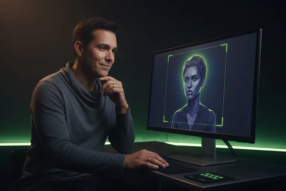 Video editor reviewing an exceptionally sharp face-swap portrait on a large studio display, with a softer low-detail preview beside a crisp cinematic final frame.