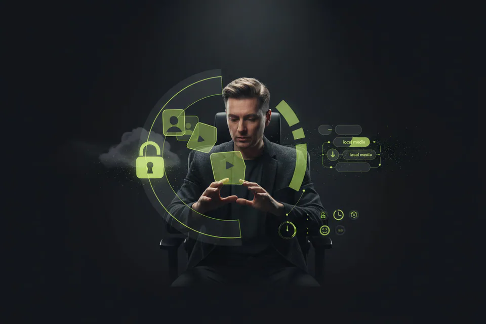Adult creator managing portrait and video files inside a protected creative workspace, with a subtle lock, fading cloud particles, and clearly private local media handling.