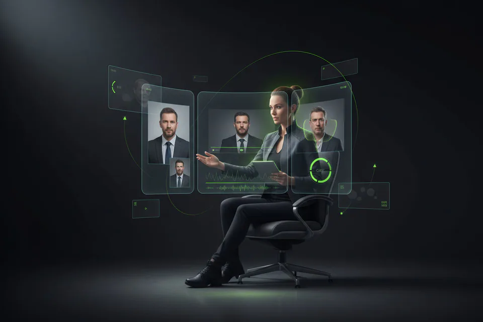 Confident adult creator comparing photo, video, and looping-animation results in a modern creative studio, visually communicating a simpler alternative workflow without showing either product's logo or interface for the Reface alternative page.