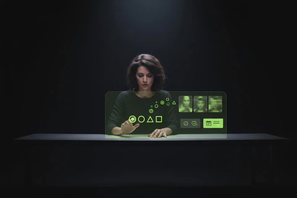 Adult creator planning a photo-and-video face-swap project at a workstation, with a small set of clean glowing token shapes flowing efficiently into several finished media thumbnails.