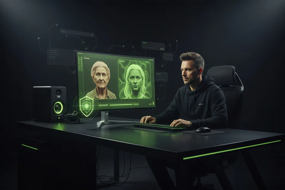 Adult creator using a sleek unbranded silver desktop computer in a private studio, with source portrait and finished face-swap video represented on the screen and a subtle local-processing shield motif.