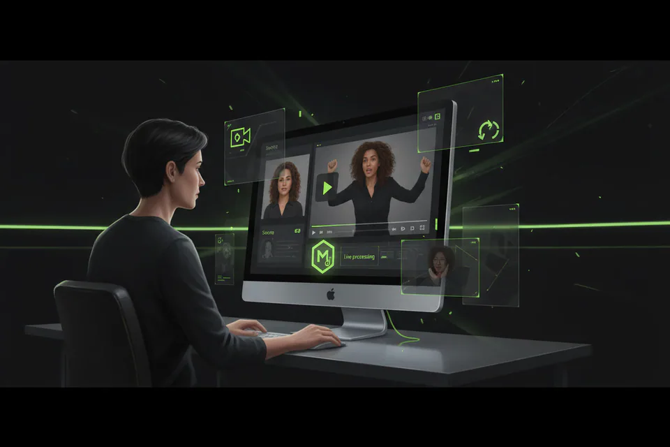 Adult creator using a sleek unbranded silver desktop computer in a private studio, with source portrait and finished face-swap video represented on the screen and a subtle local-processing shield motif.