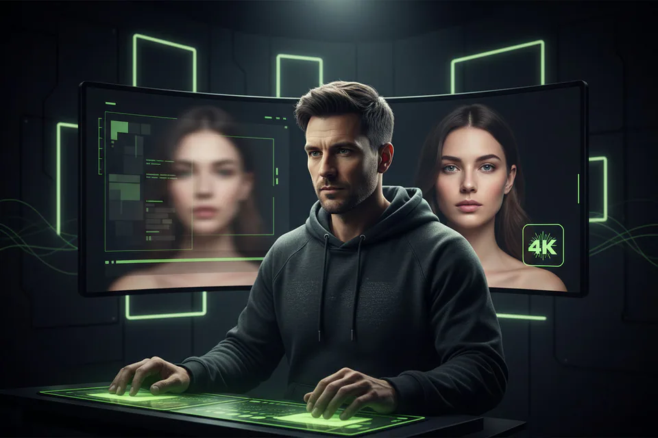 Video editor reviewing an exceptionally sharp face-swap portrait on a large studio display, with a softer low-detail preview beside a crisp cinematic final frame.
