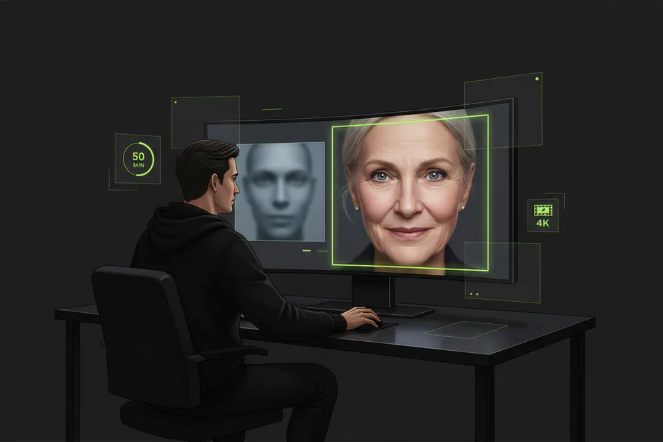 Video editor reviewing an exceptionally sharp face-swap portrait on a large studio display, with a softer low-detail preview beside a crisp cinematic final frame.