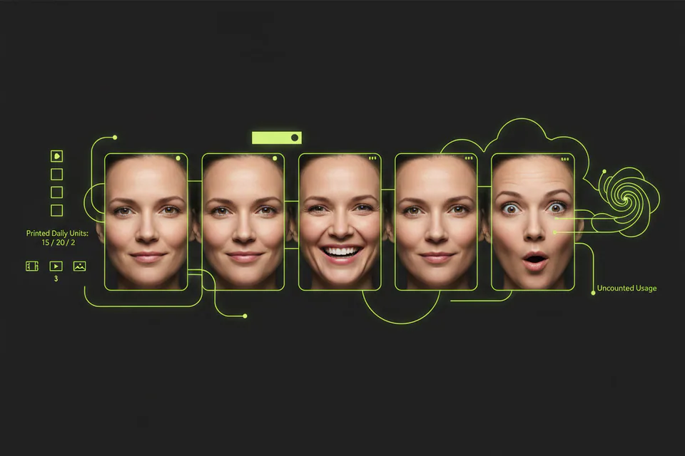 Playful sequence of repeated portrait frames arranged as a smooth looping animation, showing one original adult expression changing naturally across the frames.