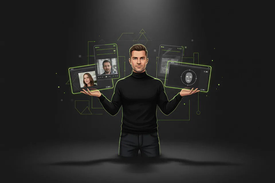 Confident adult creator comparing photo, video, and looping-animation results in a modern creative studio, visually communicating a simpler alternative workflow without showing either product's logo or interface for the Vidnoz alternative page.