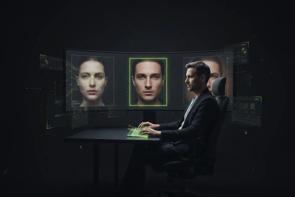 Video editor reviewing an exceptionally sharp face-swap portrait on a large studio display, with a softer low-detail preview beside a crisp cinematic final frame.