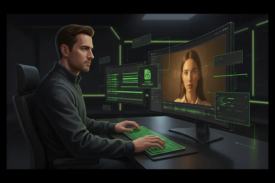 Video editor importing a substantial saved face-swap clip into a browser workspace, with a long visual timeline and a high-quality finished portrait video on the main monitor.