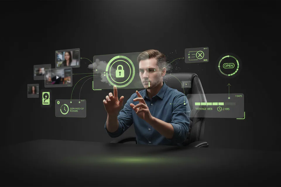 Adult creator managing portrait and video files inside a protected creative workspace, with a subtle lock, fading cloud particles, and clearly private local media handling.
