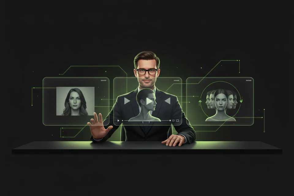Confident adult creator comparing photo, video, and looping-animation results in a modern creative studio, visually communicating a simpler alternative workflow without showing either product's logo or interface for the Vidwud alternative page.