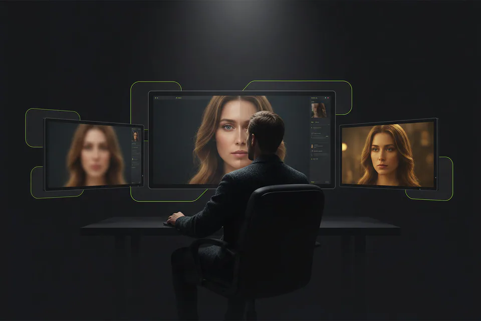 Video editor reviewing an exceptionally sharp face-swap portrait on a large studio display, with a softer low-detail preview beside a crisp cinematic final frame.