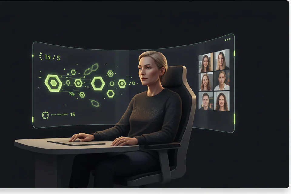 Adult creator planning a photo-and-video face-swap project at a workstation, with a small set of clean glowing token shapes flowing efficiently into several finished media thumbnails.