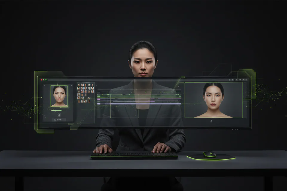 Video editor importing a substantial saved face-swap clip into a browser workspace, with a long visual timeline and a high-quality finished portrait video on the main monitor.
