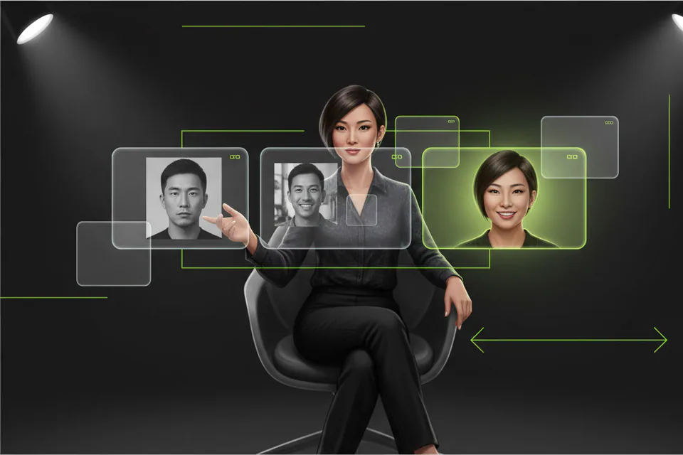 Confident adult creator comparing a reference portrait, a source video frame, and a polished face-swap result in a modern creative studio, visually communicating a simpler alternative workflow without showing either product's logo or interface for the YouCam Perfect alternative page.