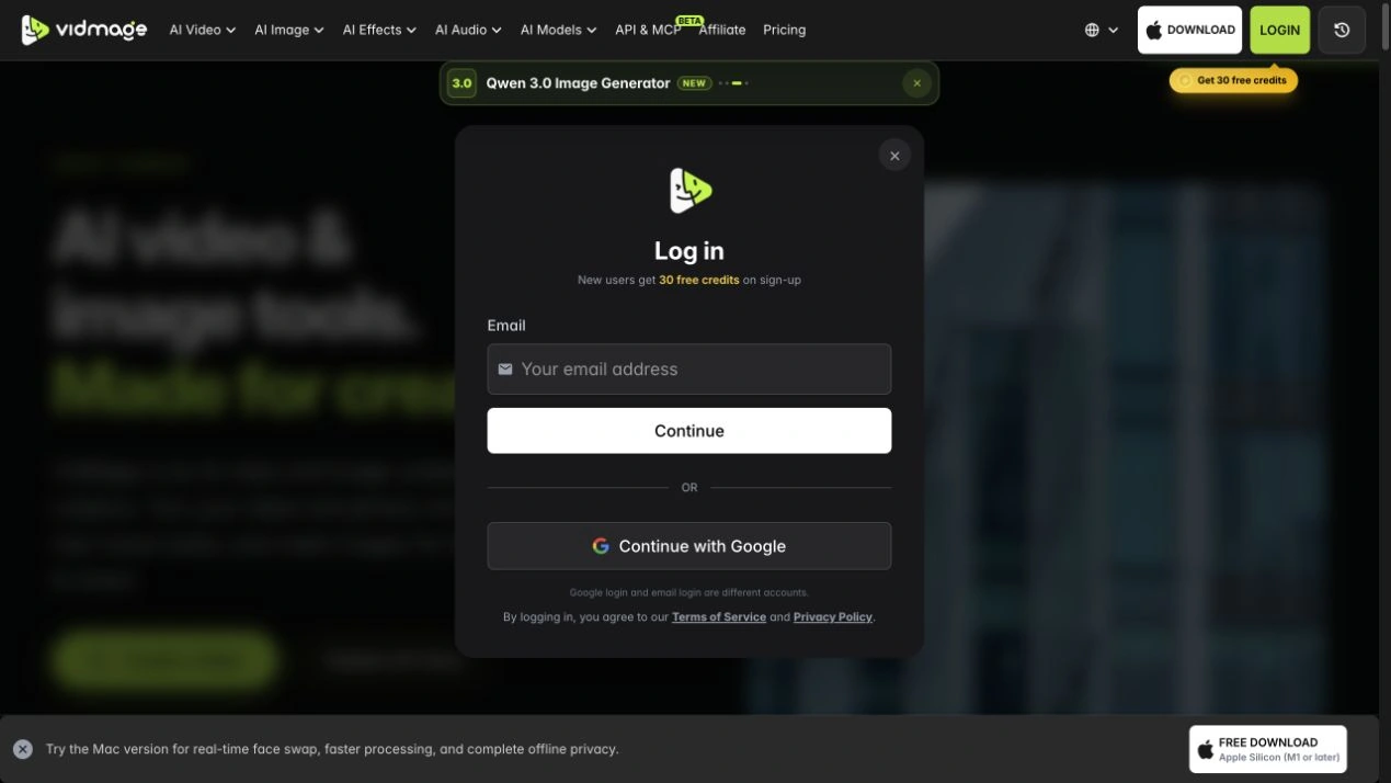 VidMage login window showing email and Google options. VidMage Web interface, October 2026. Offers and interface details may change.