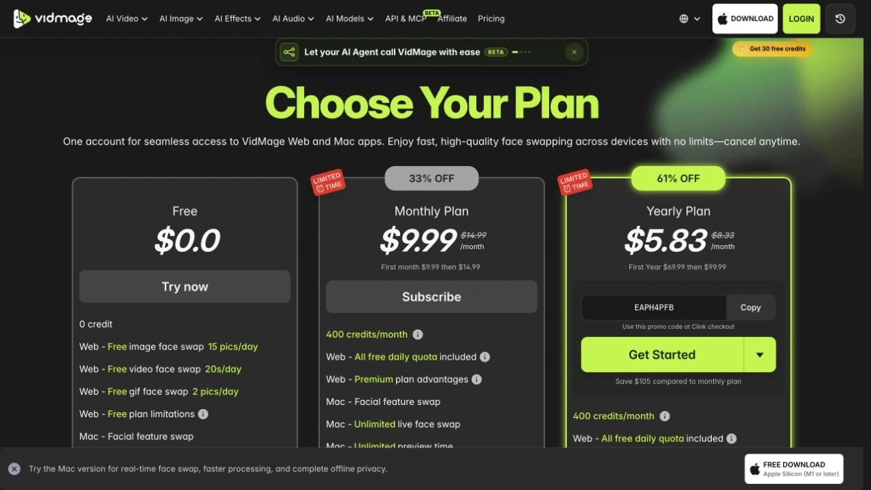 VidMage pricing page showing plan choices. VidMage Web interface, October 2026. Offers and interface details may change.