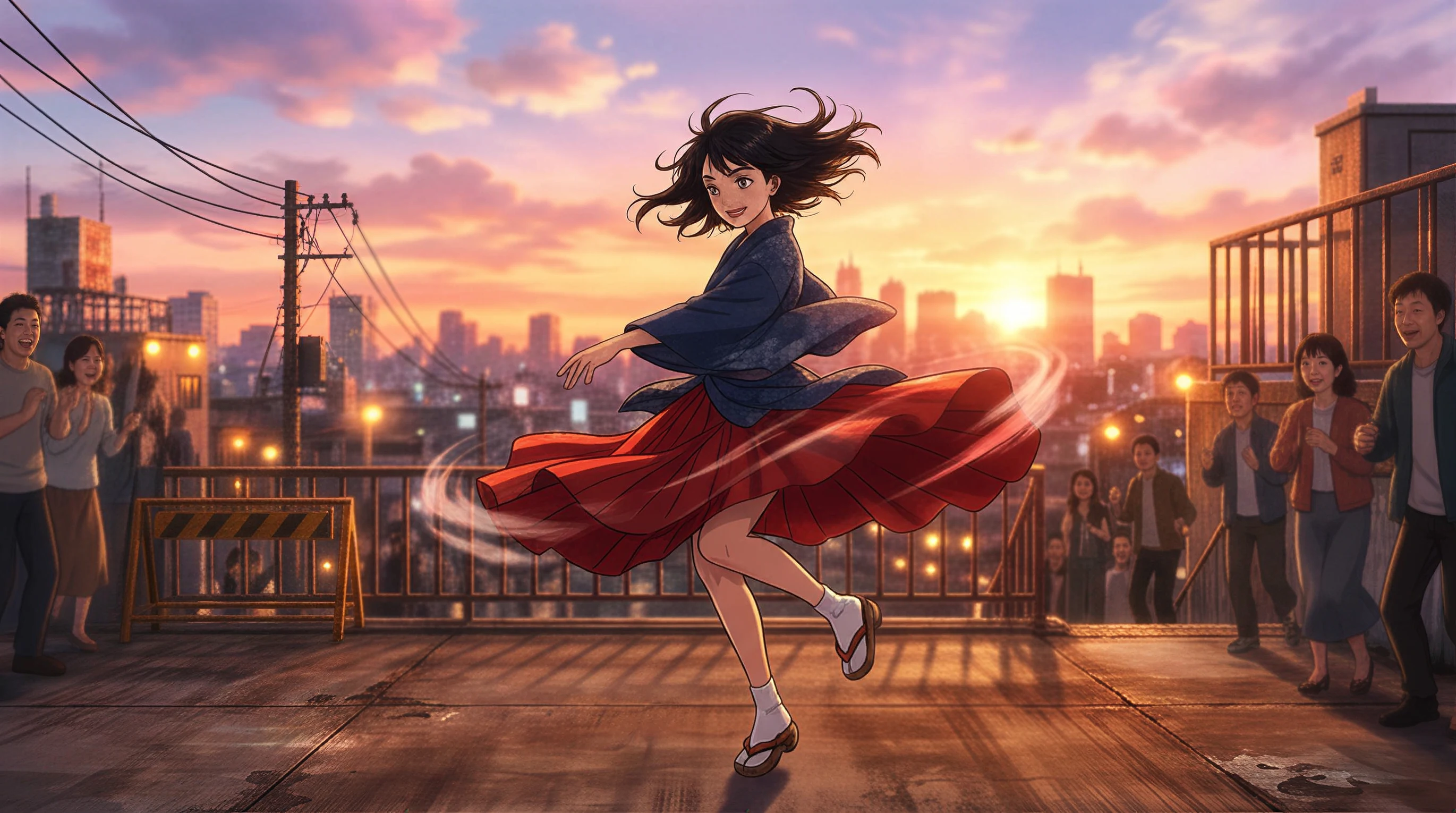 An illustrated rooftop dance at sunset, creative inspiration