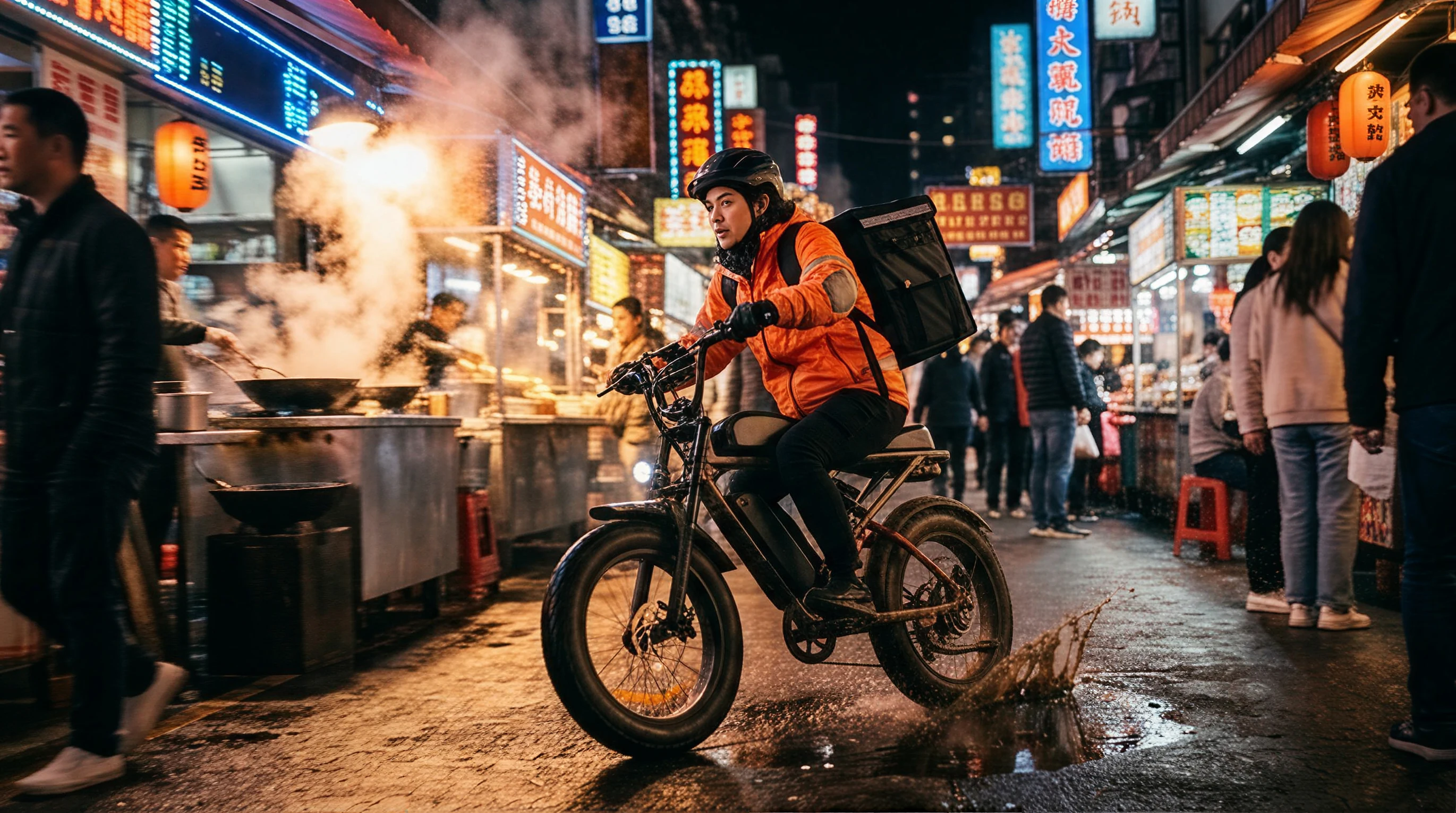 A bicycle courier passing steaming food stalls