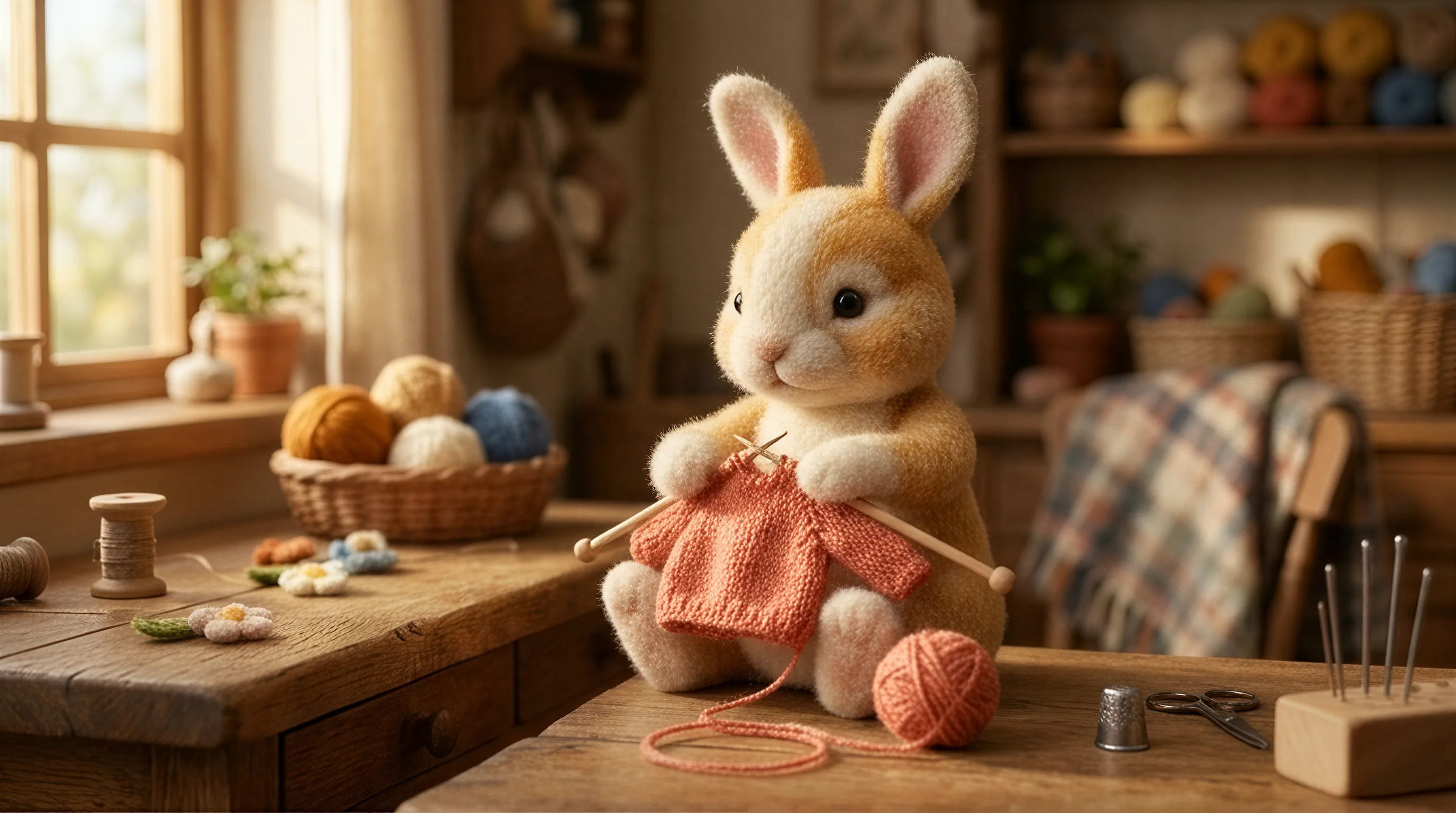 Felt rabbit knitting beside a sunny window