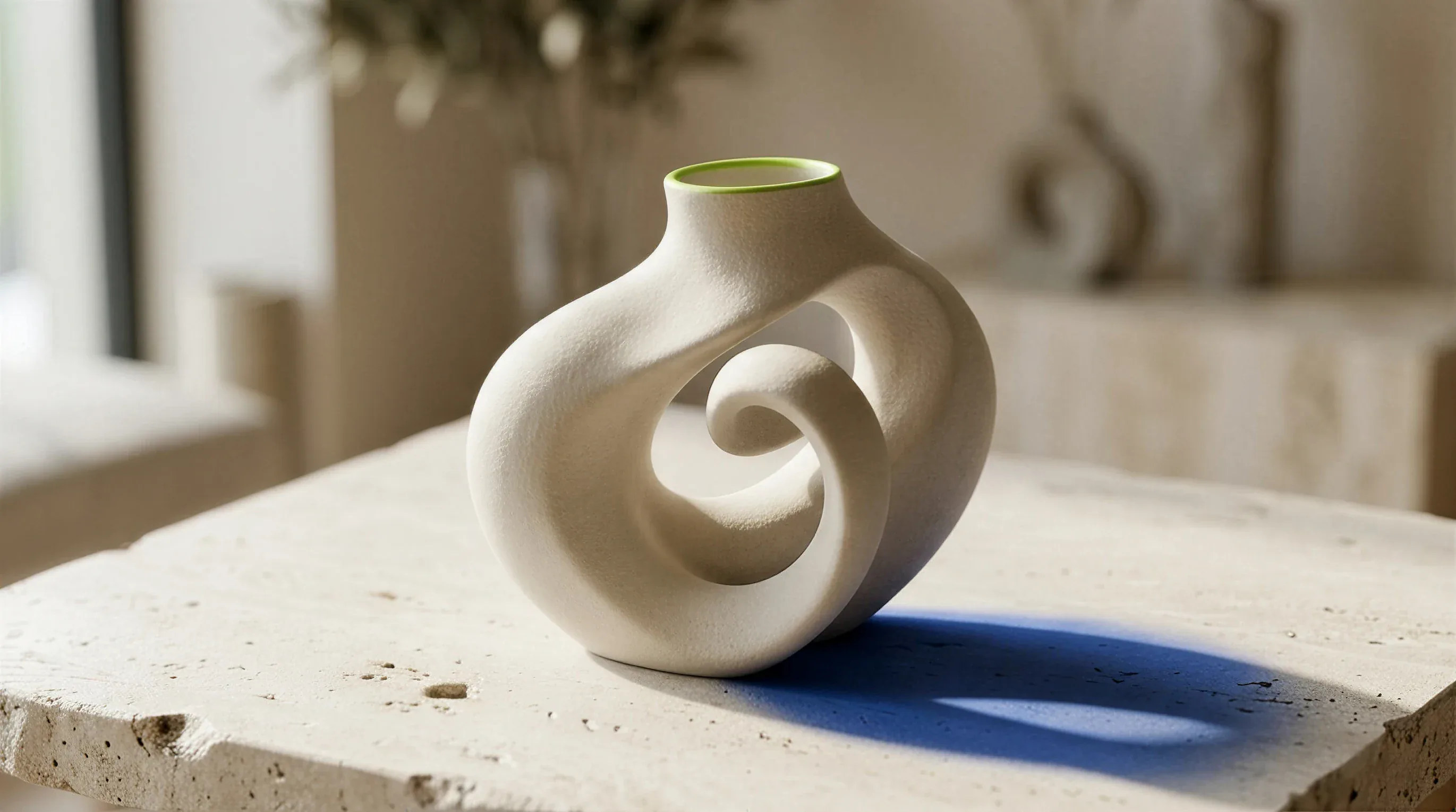 A sculptural white ceramic vase on a sunlit stone table