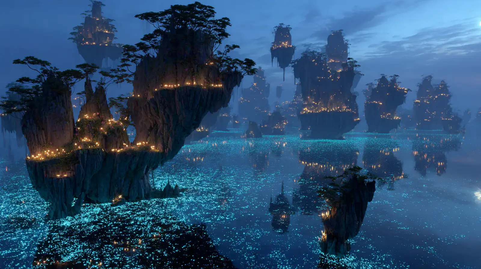 Floating islands above a glowing blue sea in a fantasy landscape