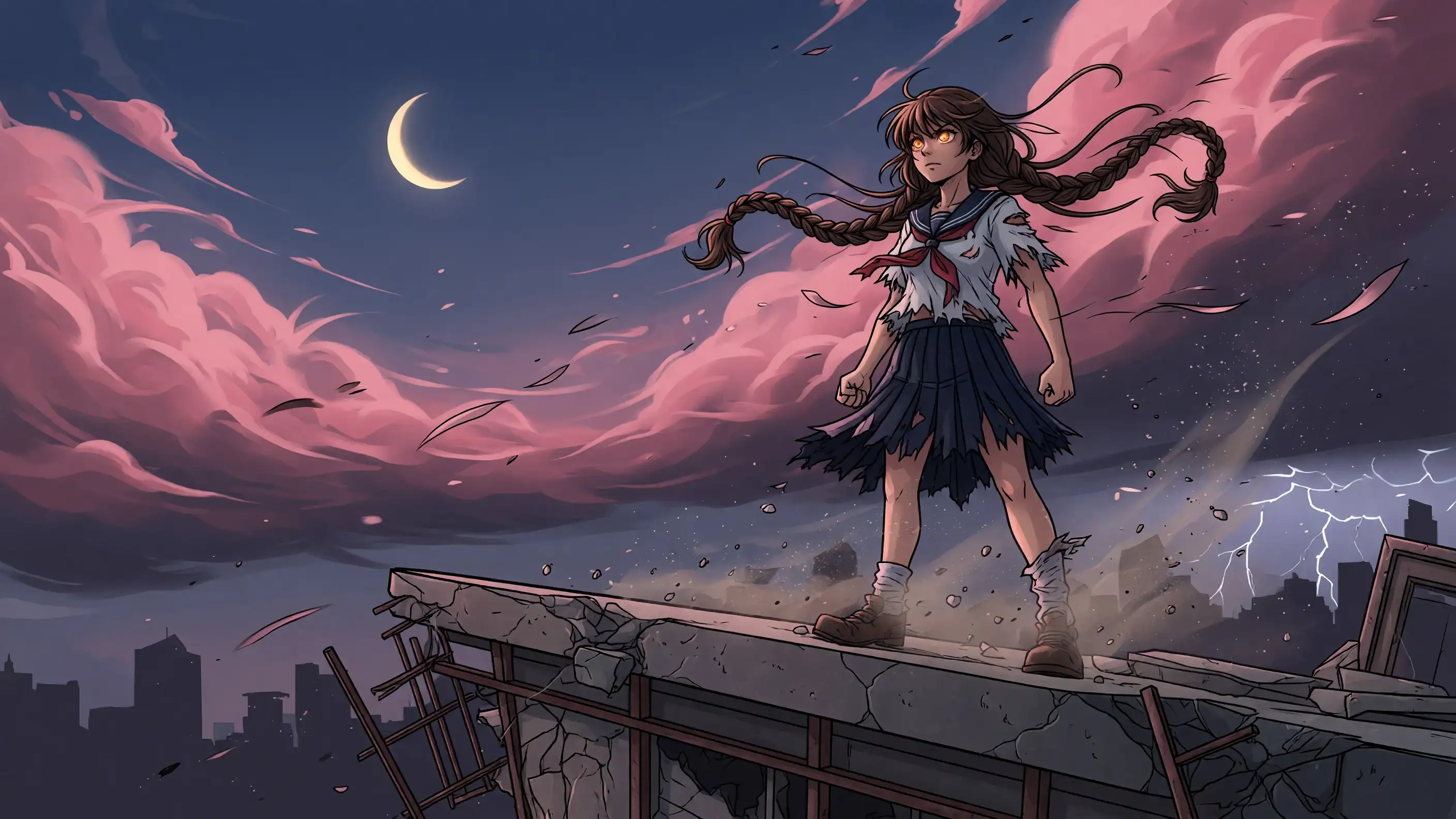 An anime character beneath pink clouds and a crescent moon