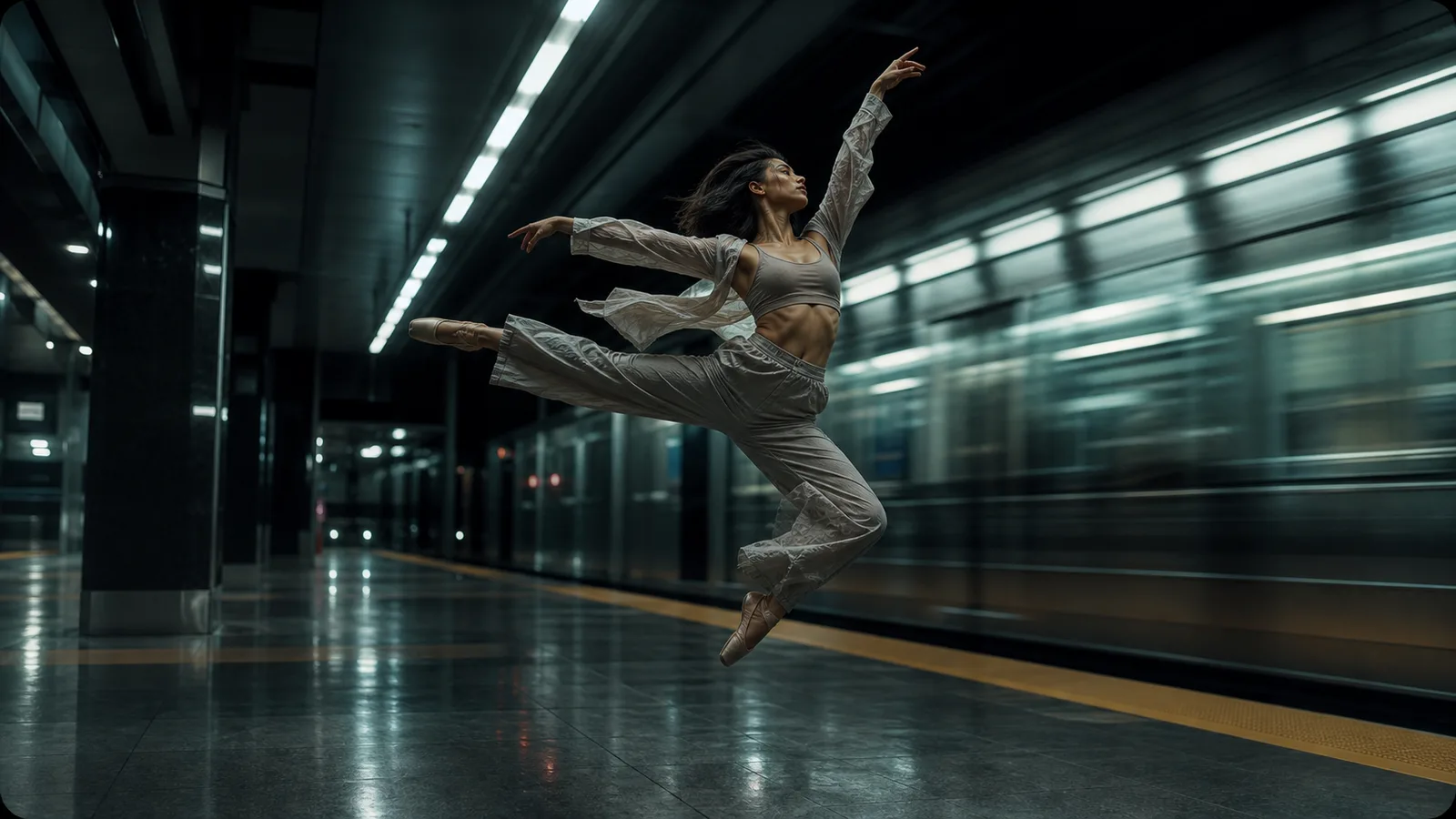 A dancer in gray leaping beside a passing subway train