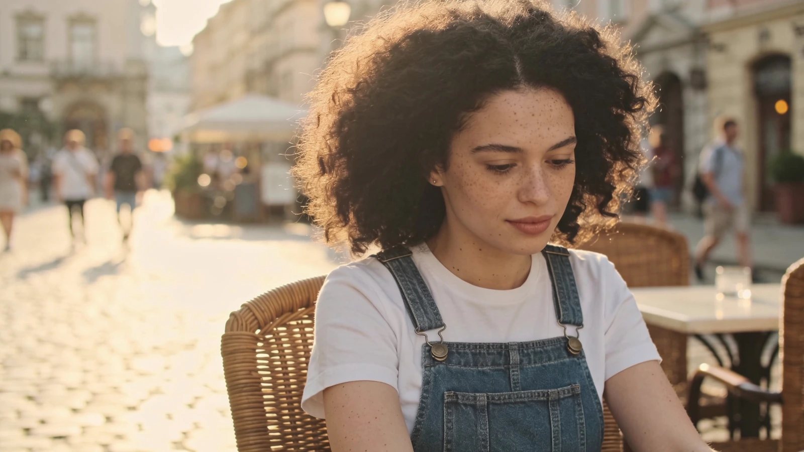 A curly-haired woman sitting outside a cafe in warm afternoon light