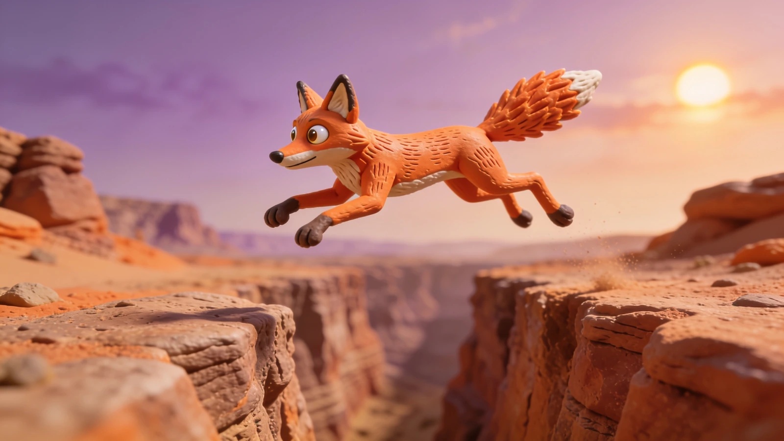 A clay-style orange fox leaping across a desert canyon at sunset