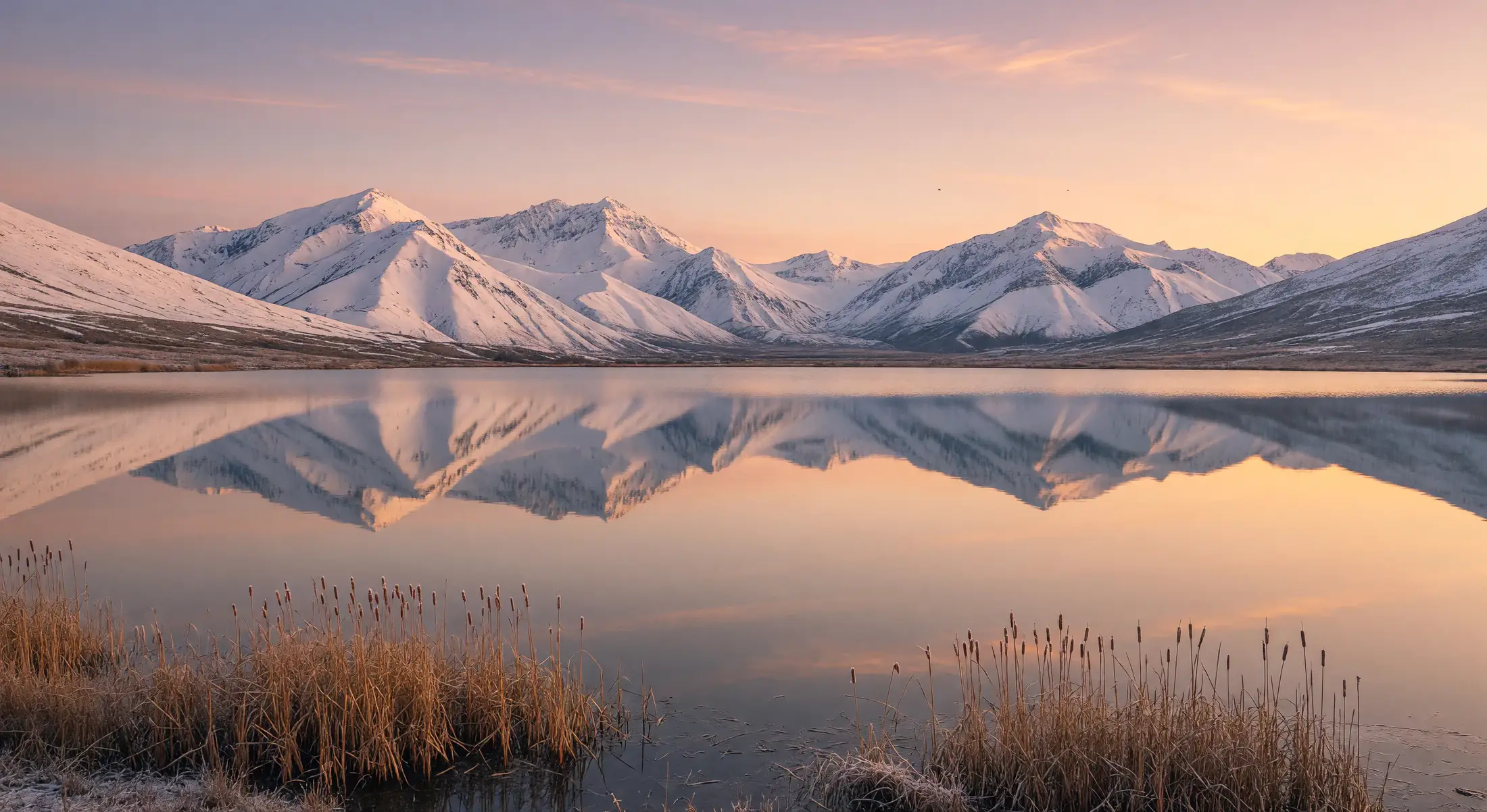 Snowy peaks reflected in a lake at dawn, creative inspiration
