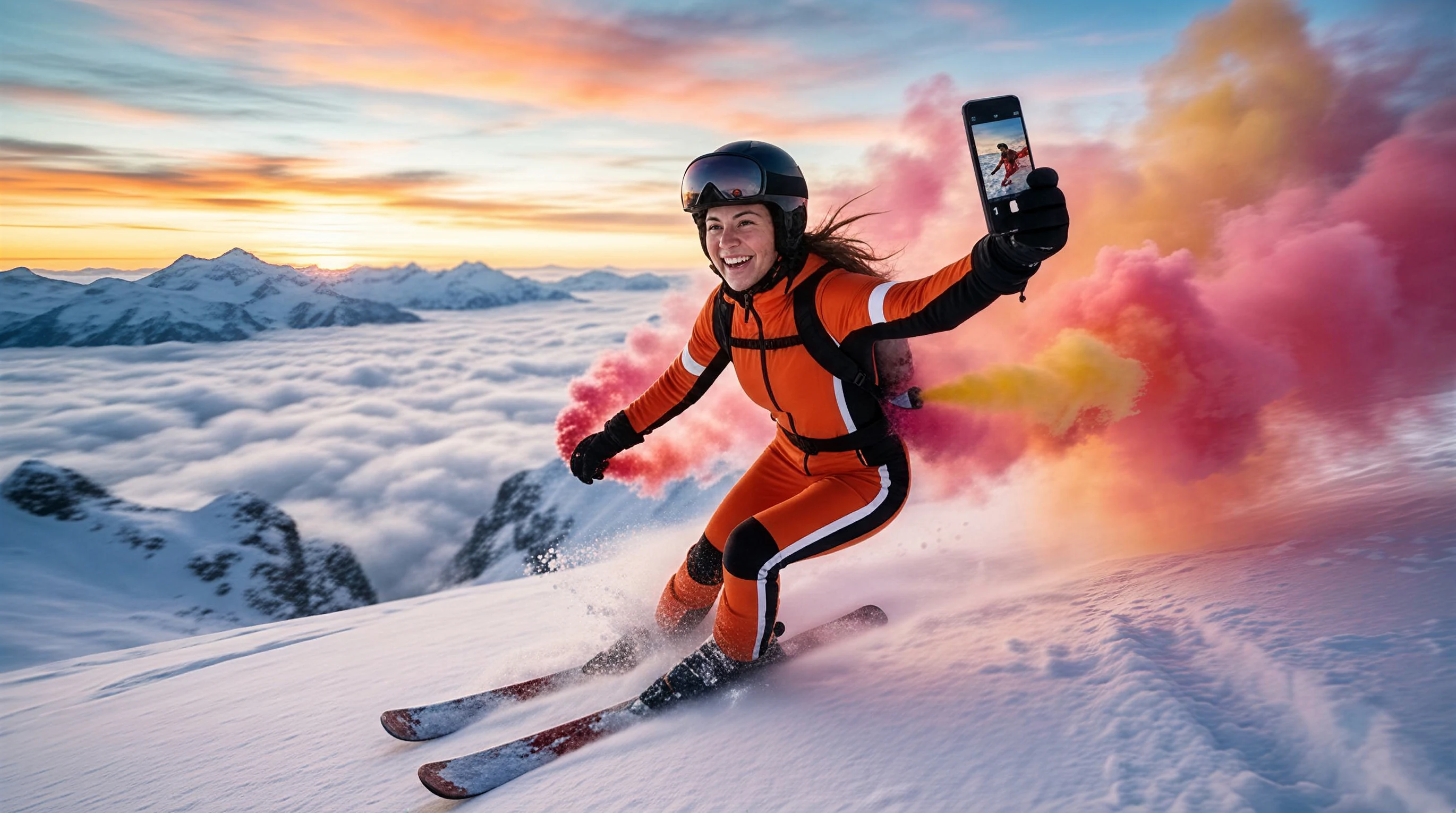 A skier trails colorful smoke over a snowy mountain, creative inspiration