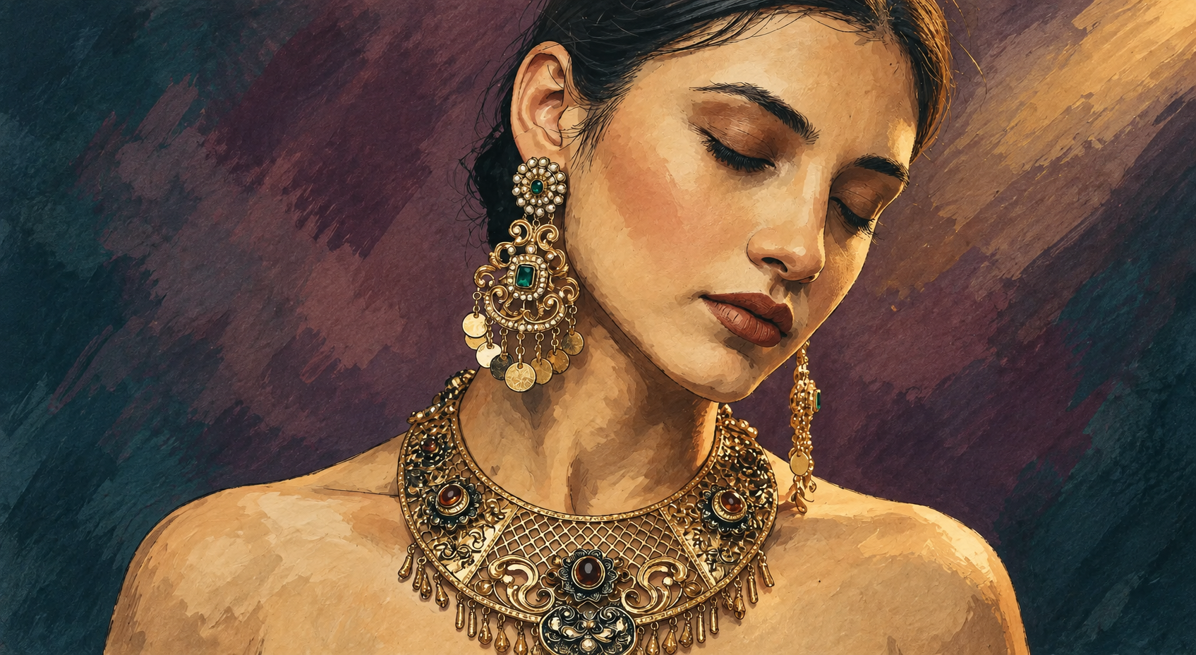 An illustrated interpretation of the same portrait, preserving the pose and gold jewelry