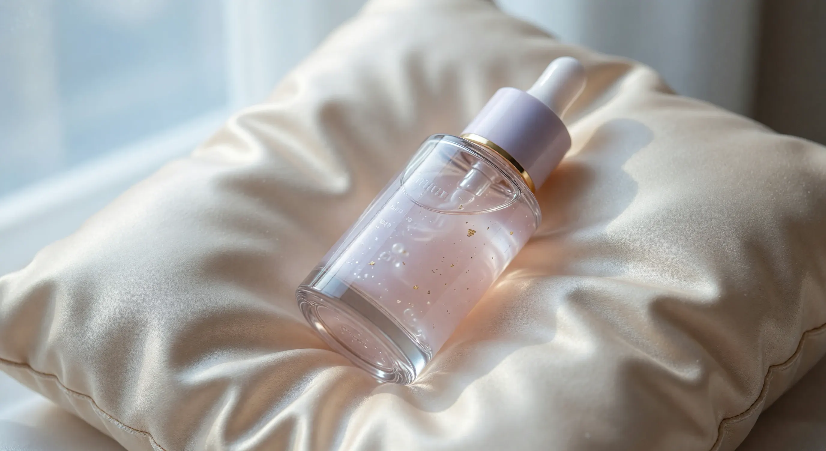 Creative product concept of a glass bottle on soft silk