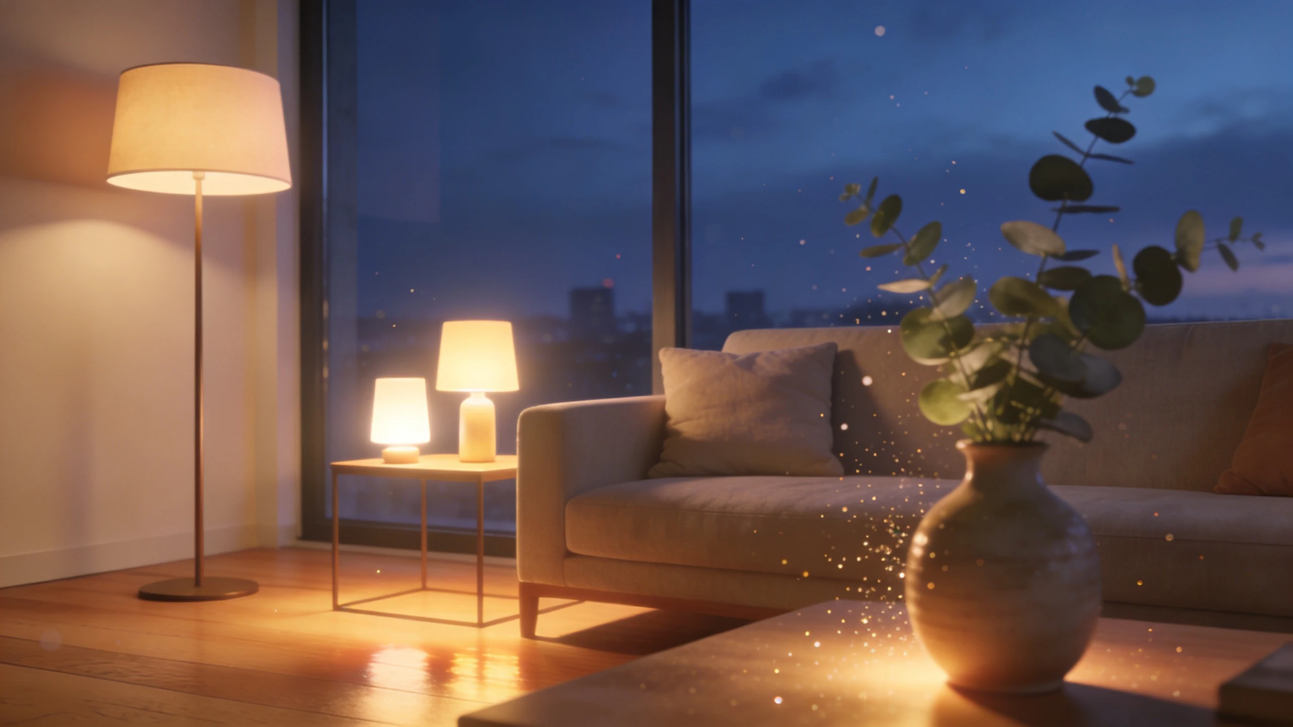 A softly lit living room as uncluttered composition inspiration