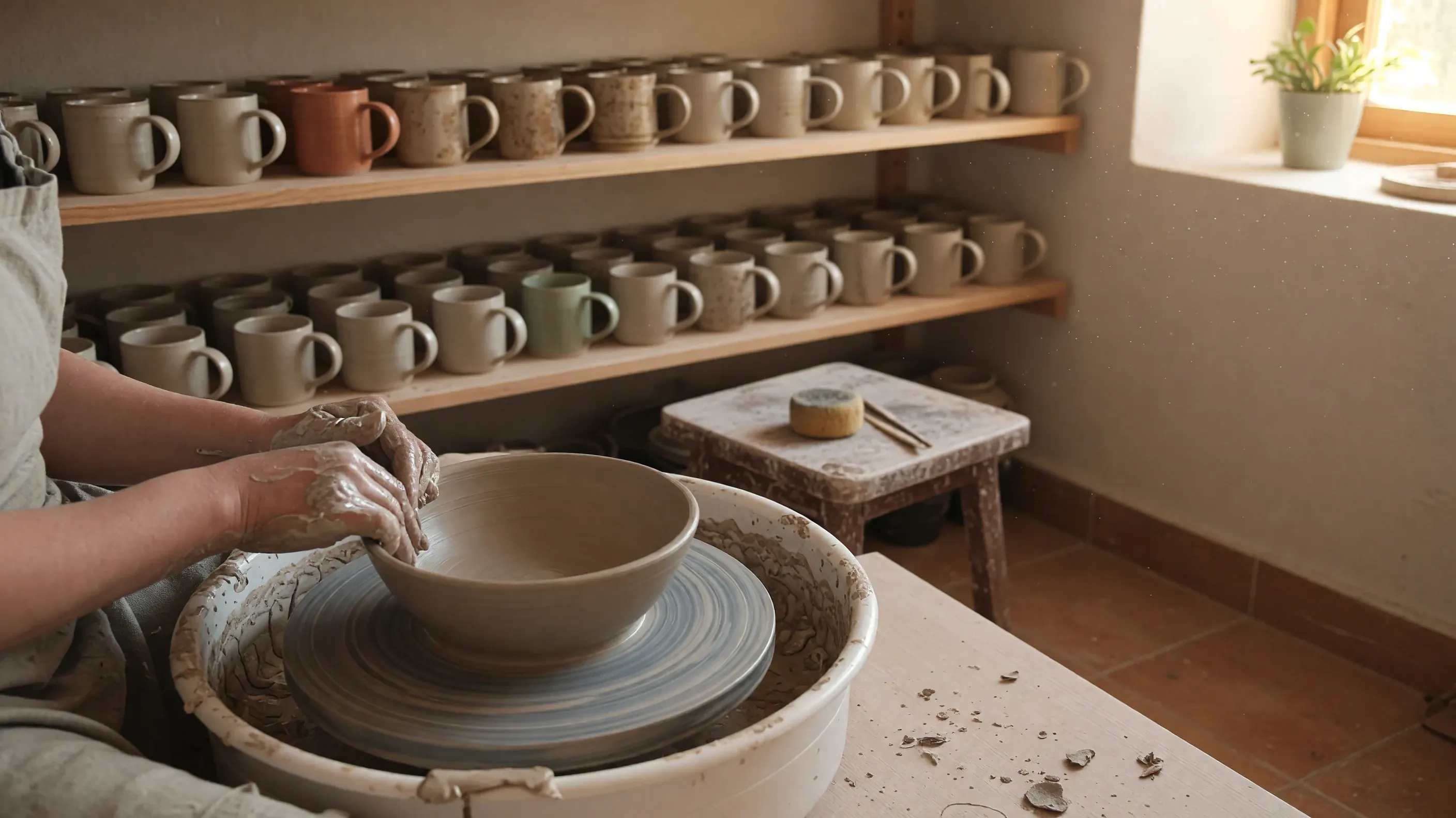 A sunlit pottery studio as inspiration for a new scene