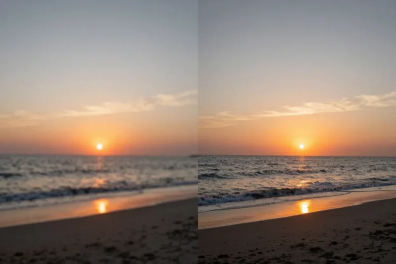 VidMage's video enhancement illustration comparing softer and sharper sunset footage