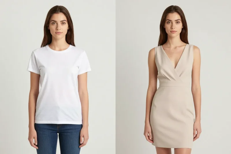 Side-by-side portrait showing a casual outfit and a dress