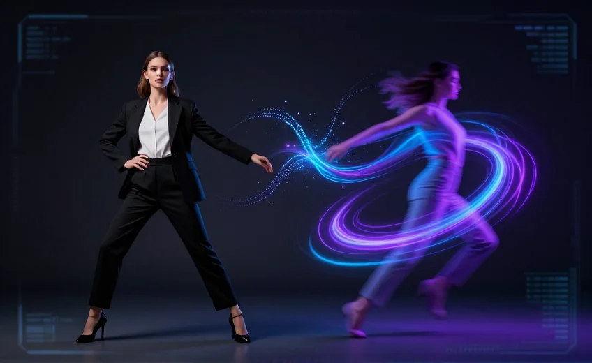 A standing figure and a moving figure connected by light trails