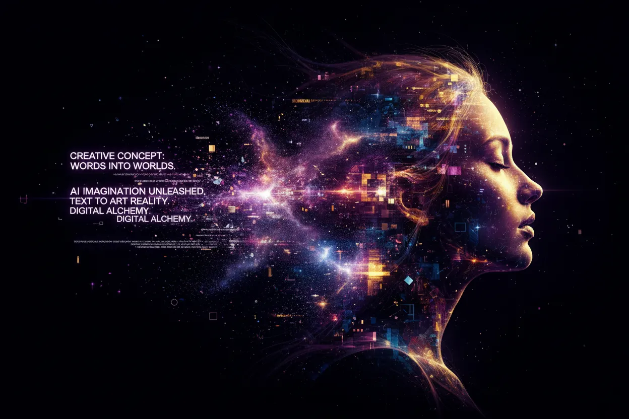 A portrait with abstract digital light and text elements
