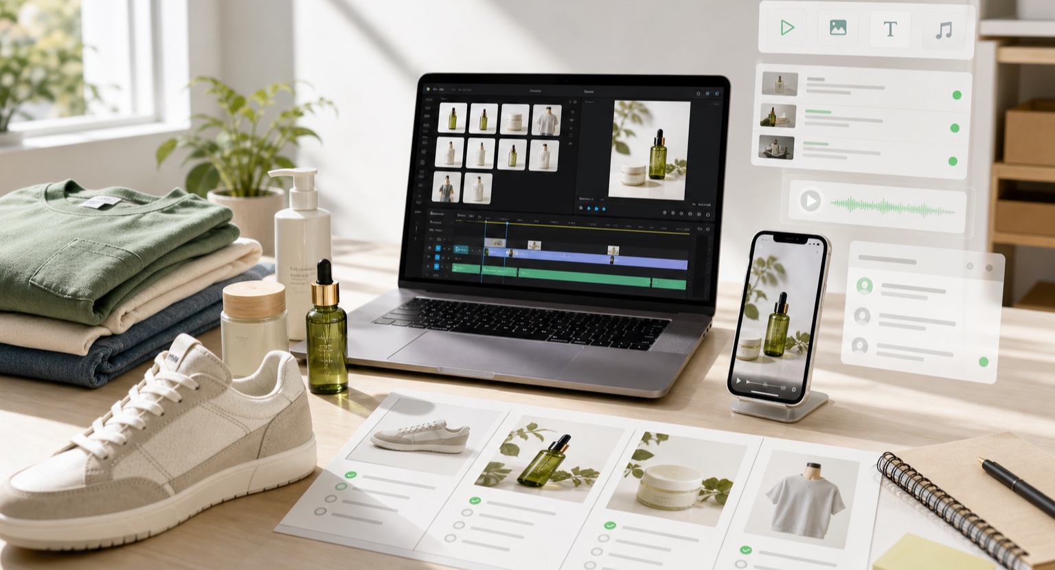 A product content workspace with clothing, skincare samples, product images, and an editing laptop.
