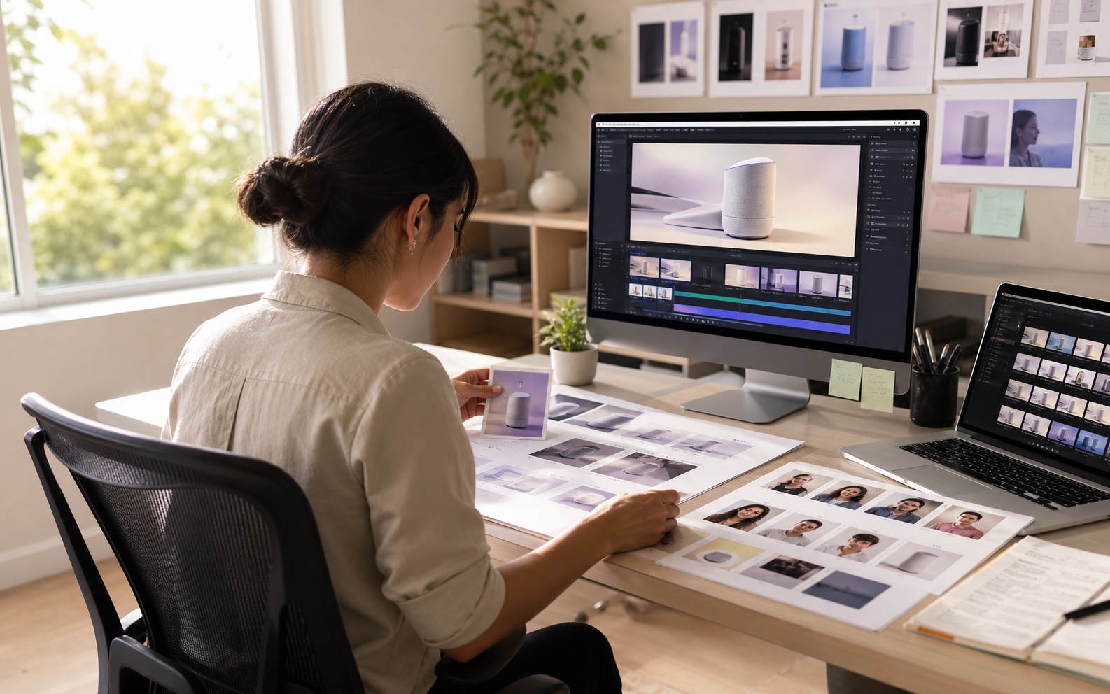A marketer reviewing product scene concepts, a video timeline, and printed visual references.
