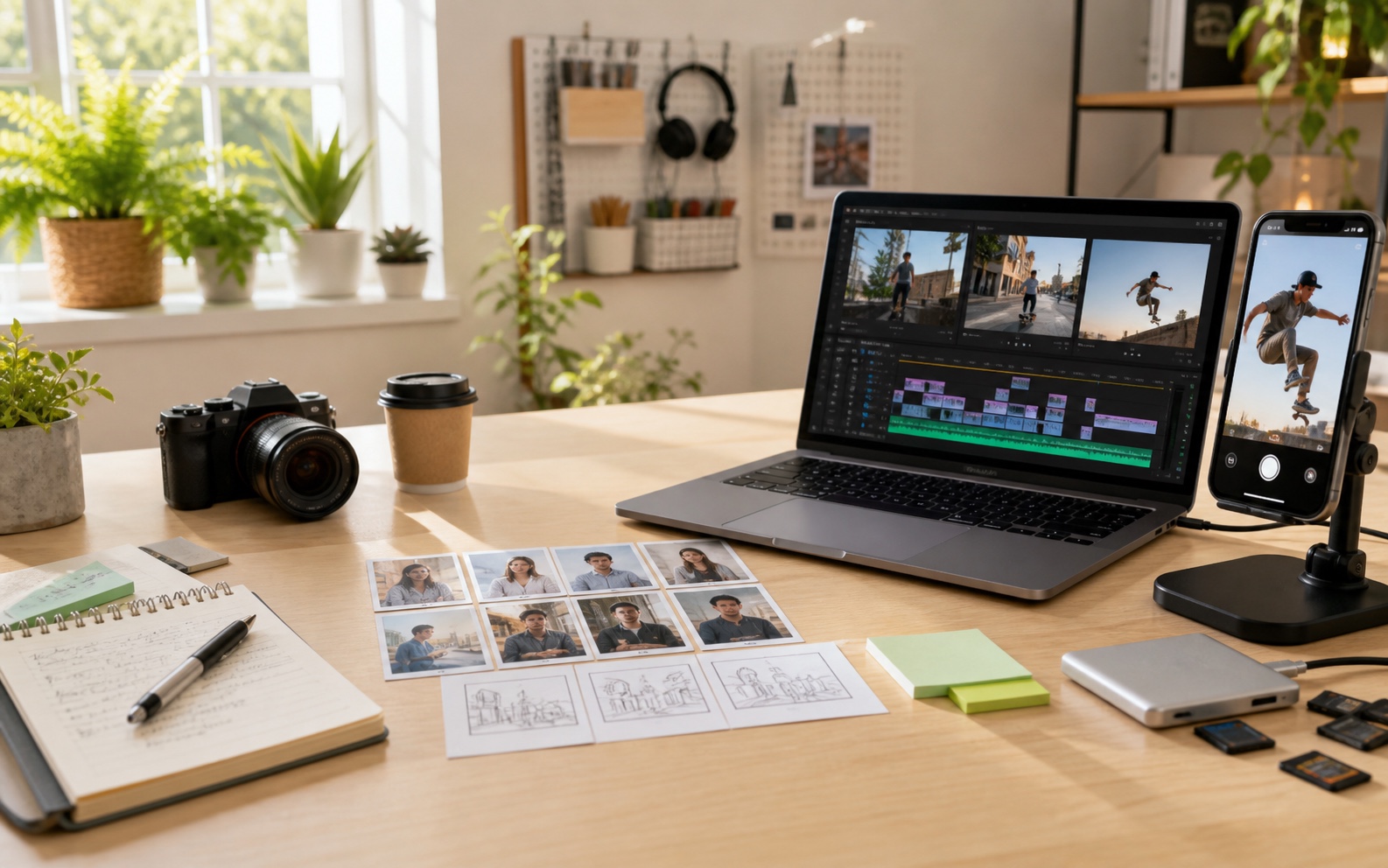 A sunlit editing desk with a laptop timeline, phone preview, camera, and storyboard notes.