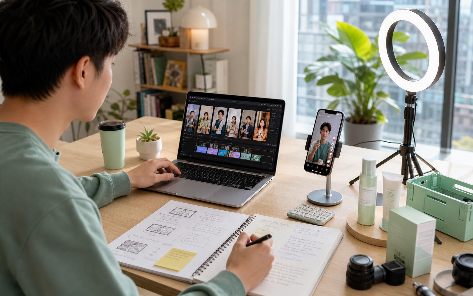 A creator reviewing vertical video material beside a phone, ring light, and product samples.
