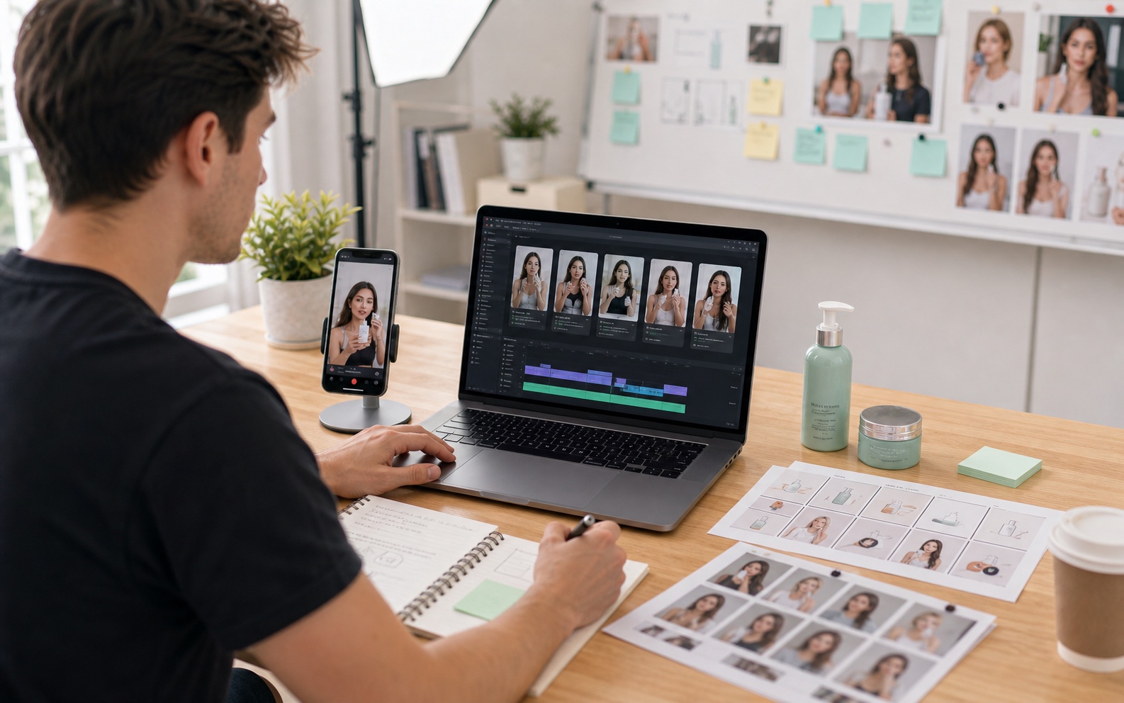 An editor arranging product video material with a phone preview, storyboard notes, and skincare samples.