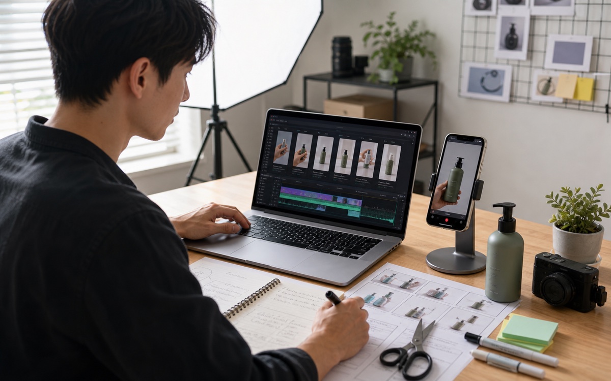 An editor planning opening shots with a laptop, phone, and printed scene references.