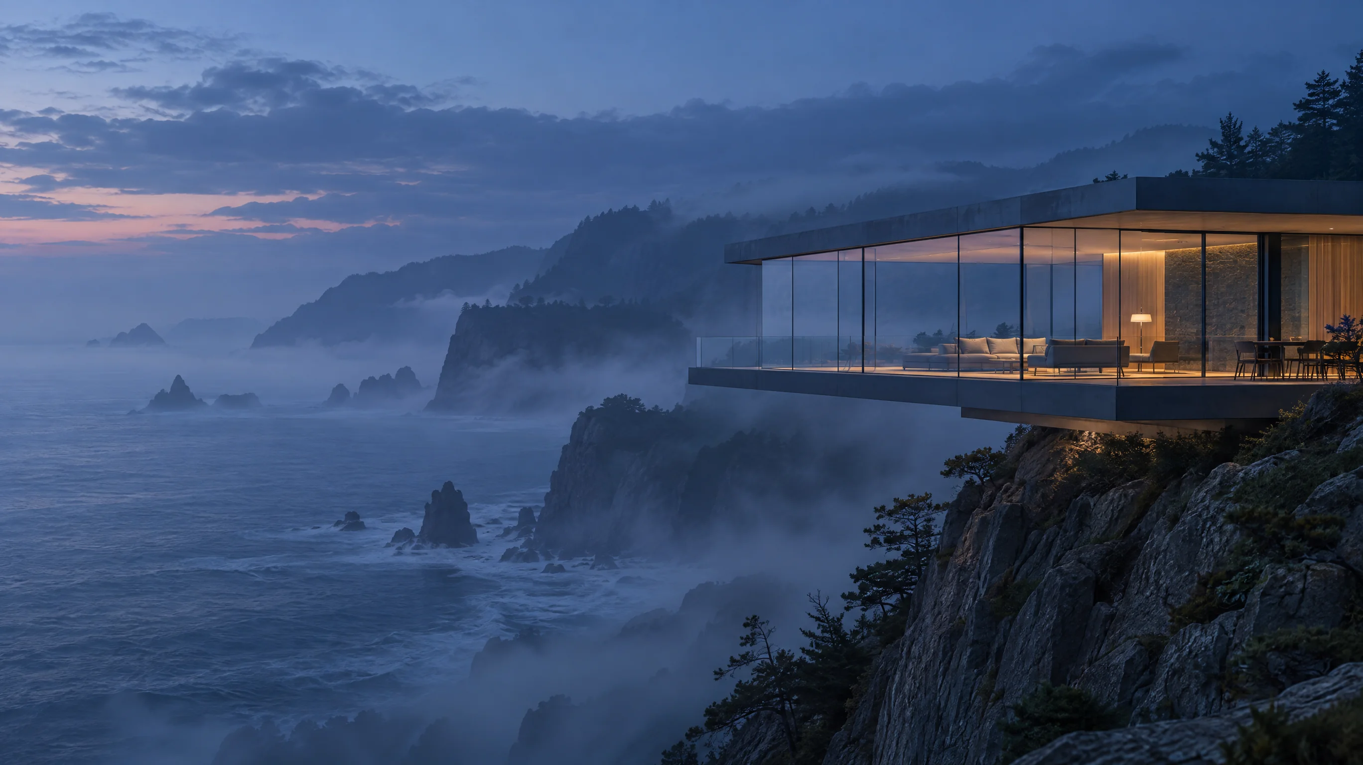 Floating glass pavilion coastal architecture generated with GPT Image 2.5