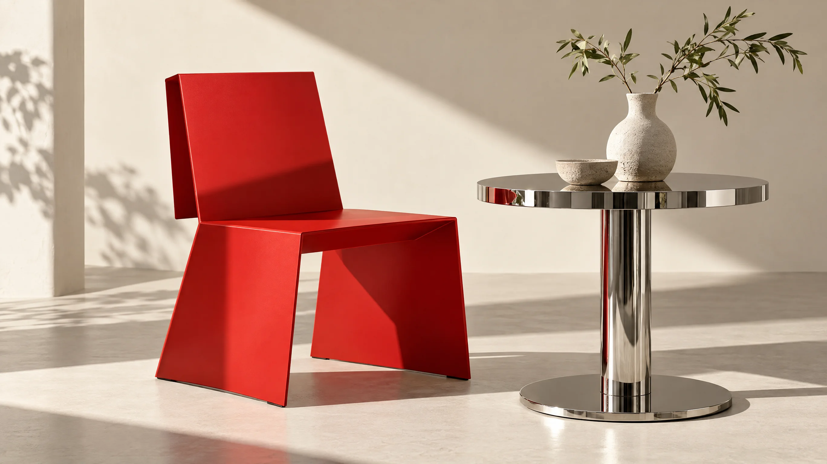 Red geometric chair and chrome table editorial still life generated with GPT Image 2.5